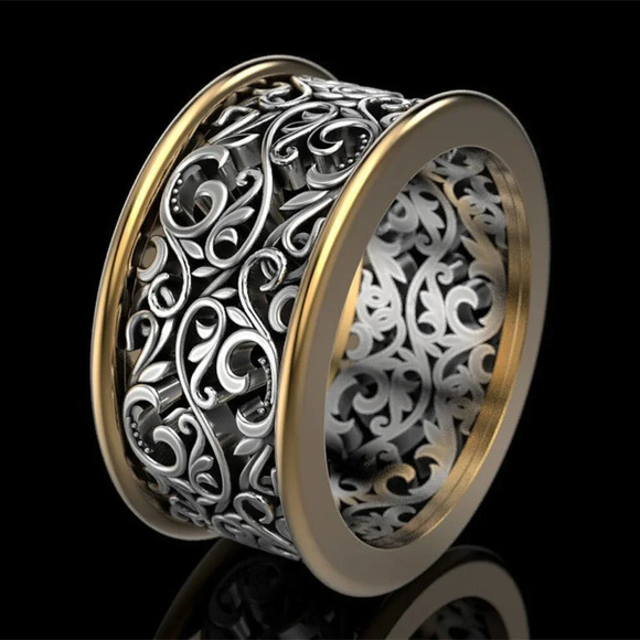 💥  Beautiful Carved Dainty Double Layer Wide Vintage Ring Women/Man, PD732 - Picture 3 of 6